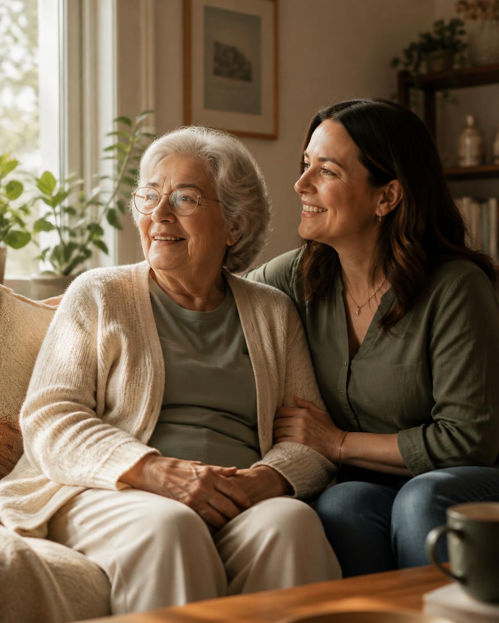 Elderly woman smiling with her caregiver in a sunlit home